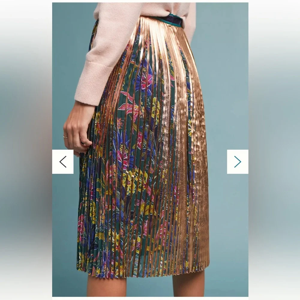NWOT Anthropologie Maeve Pleated Printed Gold Floral Midi Knee Length Skirt 6 S - Picture 4 of 8